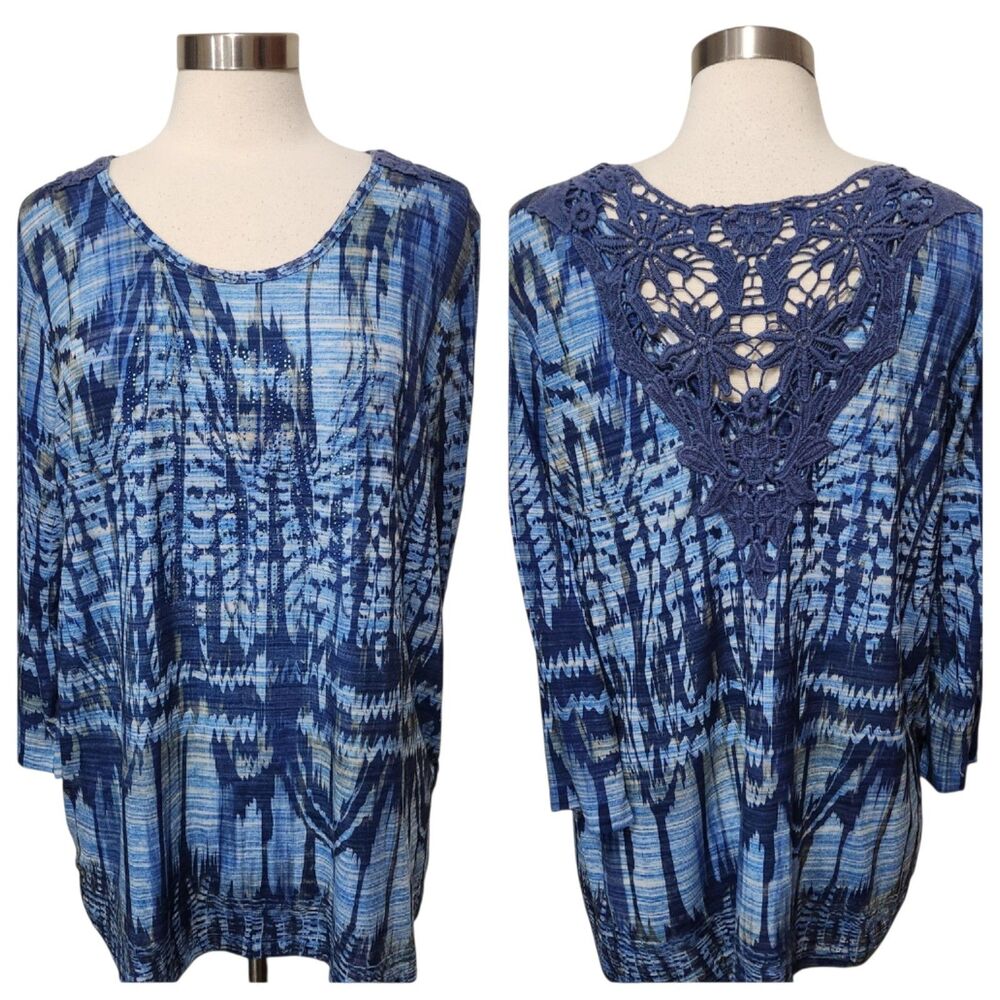 Avenue Women 14/16 Top Blue CROCHET LACE Studs Tunic pullover 3/4 slv Boho